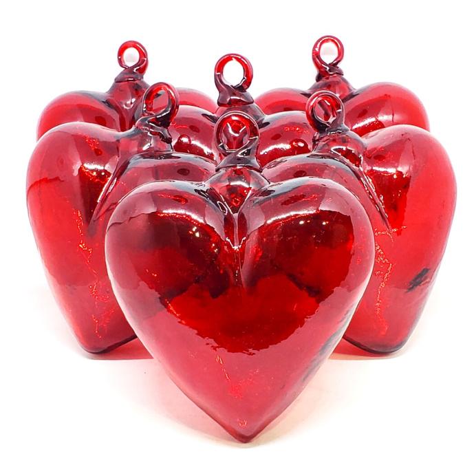 MEXICAN GLASSWARE / Red 5.1 inch Large Hanging Glass Hearts (set of 6) / These beautiful hanging hearts will be a great gift for your loved one.